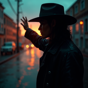 Cyberpunk — Mysterious Figure Beneath A Wide-brimmed Hat Cinematic #0063 (Krea)