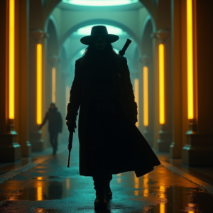 Cyberpunk — Mysterious Figure Beneath A Wide-brimmed Hat Cinematic #0081 (Leonardo)