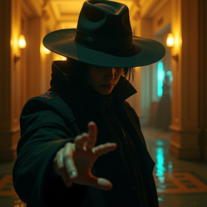 Cyberpunk — Mysterious Figure Beneath A Wide-brimmed Hat Cinematic #0099 (Krea)