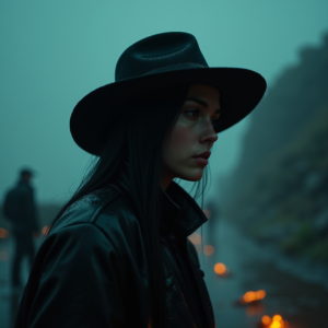 Cyberpunk — Mysterious Figure Beneath A Wide-brimmed Hat Cinematic #0111 (Krea)
