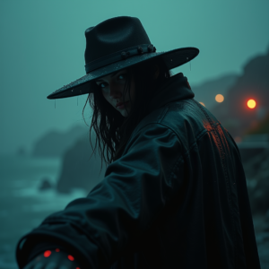Cyberpunk — Mysterious Figure Beneath A Wide-brimmed Hat Cinematic #0135 (Krea)