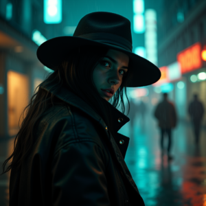 Cyberpunk — Mysterious Figure Beneath A Wide-brimmed Hat Cinematic #0147 (Krea)