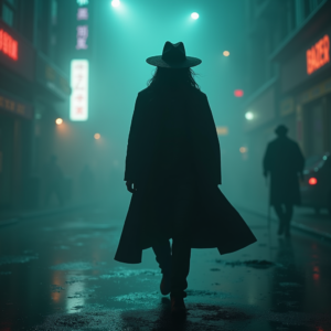 Cyberpunk — Mysterious Figure Beneath A Wide-brimmed Hat Cinematic #0159 (Krea)