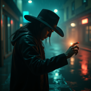 Cyberpunk — Mysterious Figure Beneath A Wide-brimmed Hat Cinematic #0171 (Krea)