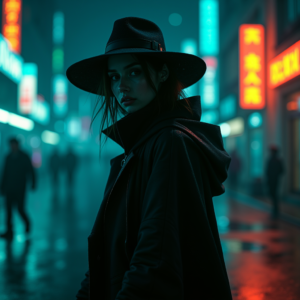 Cyberpunk — Mysterious Figure Beneath A Wide-brimmed Hat Cinematic #0177 (Leonardo)