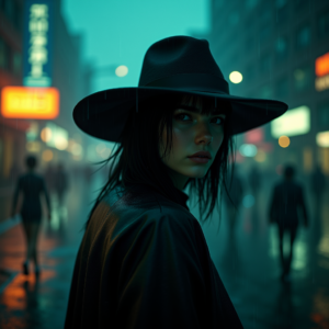 Cyberpunk — Mysterious Figure Beneath A Wide-brimmed Hat Cinematic #0183 (Krea)