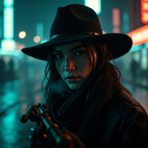 Cyberpunk — Mysterious Figure Beneath A Wide-brimmed Hat Cinematic #0189 (Leonardo)
