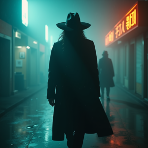 Cyberpunk — Mysterious Figure Beneath A Wide-brimmed Hat Cinematic #0195 (Krea)