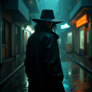 Cyberpunk — Mysterious Figure Beneath A Wide-brimmed Hat Cinematic #0201 (Leonardo)