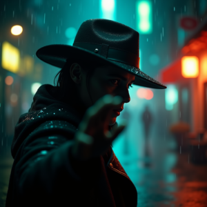 Cyberpunk — Mysterious Figure Beneath A Wide-brimmed Hat Cinematic #0232 (Gemini)