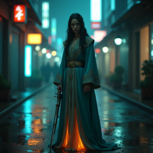 Cyberpunk — Regal Figure In Flowing Embroidered Robes Cinematic #0010 (Seedream)