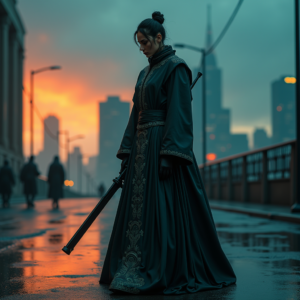Cyberpunk — Regal Figure In Flowing Embroidered Robes Cinematic #0046 (Seedream)