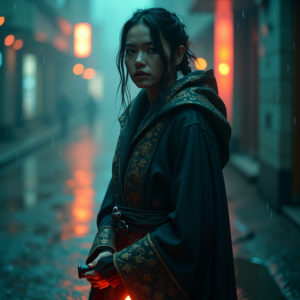 Cyberpunk — Regal Figure In Flowing Embroidered Robes Cinematic #0154 (Seedream)