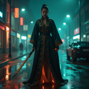 Cyberpunk — Regal Figure In Flowing Embroidered Robes Cinematic #0190 (Seedream)