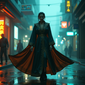 Cyberpunk — Regal Figure In Flowing Embroidered Robes Cinematic #0239 (Dreamina)