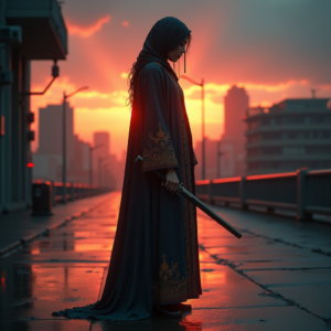 Cyberpunk — Regal Figure In Flowing Embroidered Robes Cinematic #0251 (Dreamina)