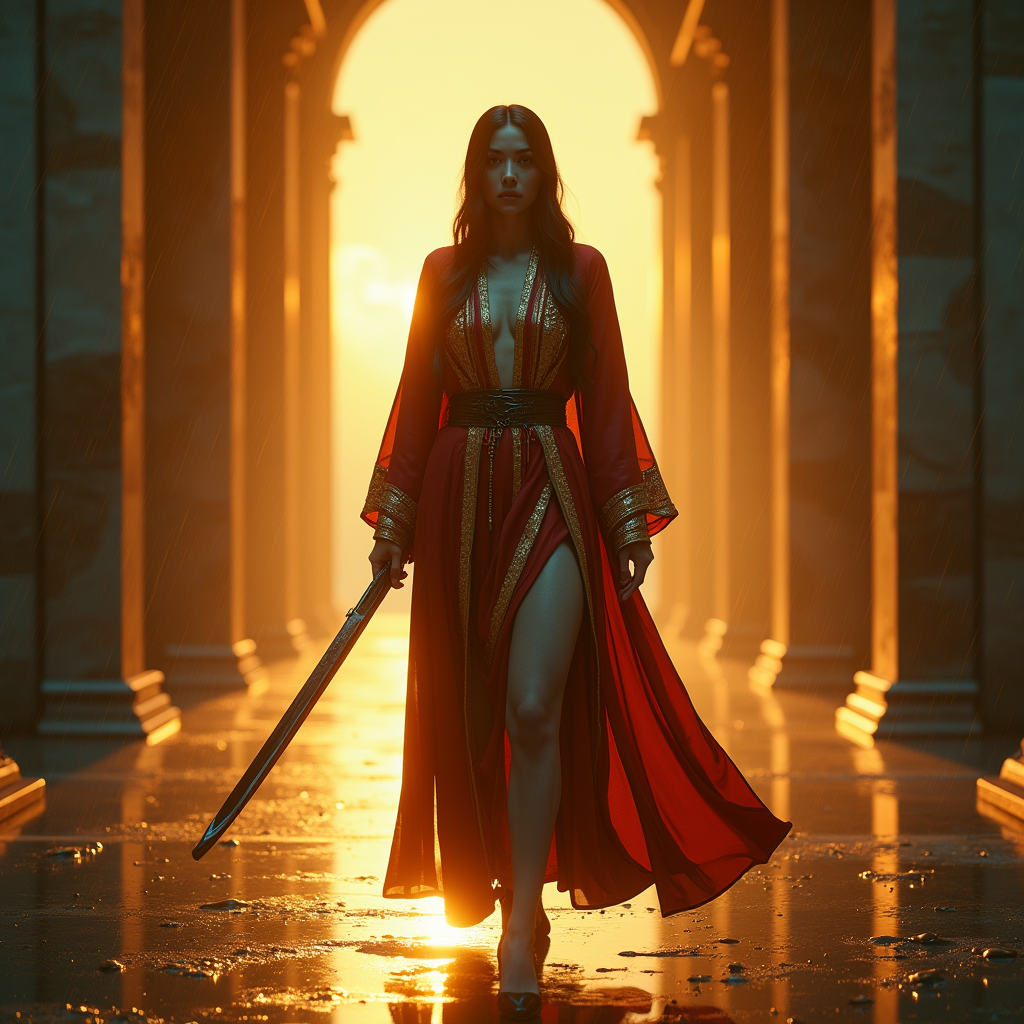Cyberpunk — Regal Figure In Flowing Embroidered Robes Cinematic #0287 (Dreamina)