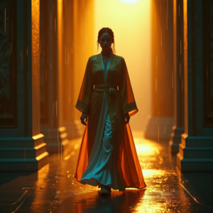 Cyberpunk — Regal Figure In Flowing Embroidered Robes Cinematic #0299 (Dreamina)