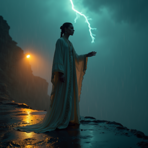 Cyberpunk — Regal Figure In Flowing Embroidered Robes Cinematic #0341 (ChatGPT)