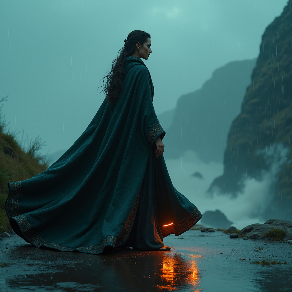 Cyberpunk — Regal Figure In Flowing Embroidered Robes Cinematic #0347 (Dreamina)