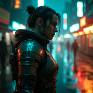 Cyberpunk — Warrior In Intricately Detailed Armor Catching Cinematic #0002 (FLUX)