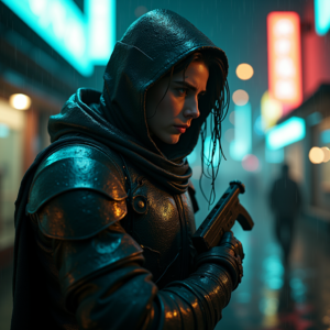 Cyberpunk — Warrior In Intricately Detailed Armor Catching Cinematic #0008 (Ideogram)