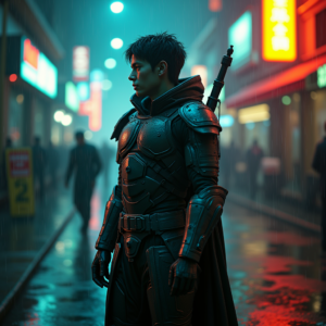 Cyberpunk — Warrior In Intricately Detailed Armor Catching Cinematic #0020 (Ideogram)