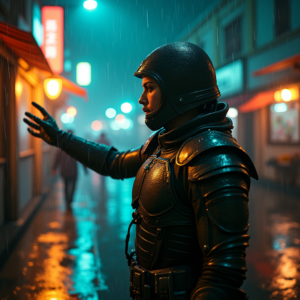Cyberpunk — Warrior In Intricately Detailed Armor Catching Cinematic #0026 (FLUX)