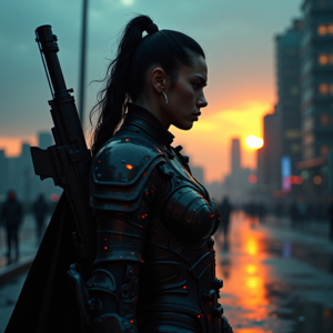 Cyberpunk — Warrior In Intricately Detailed Armor Catching Cinematic #0044 (Ideogram)