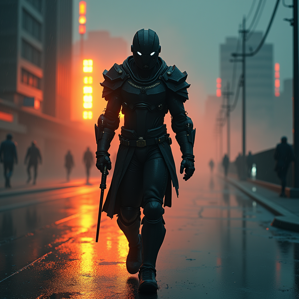 Cyberpunk — Warrior In Intricately Detailed Armor Catching Cinematic #0050 (FLUX)