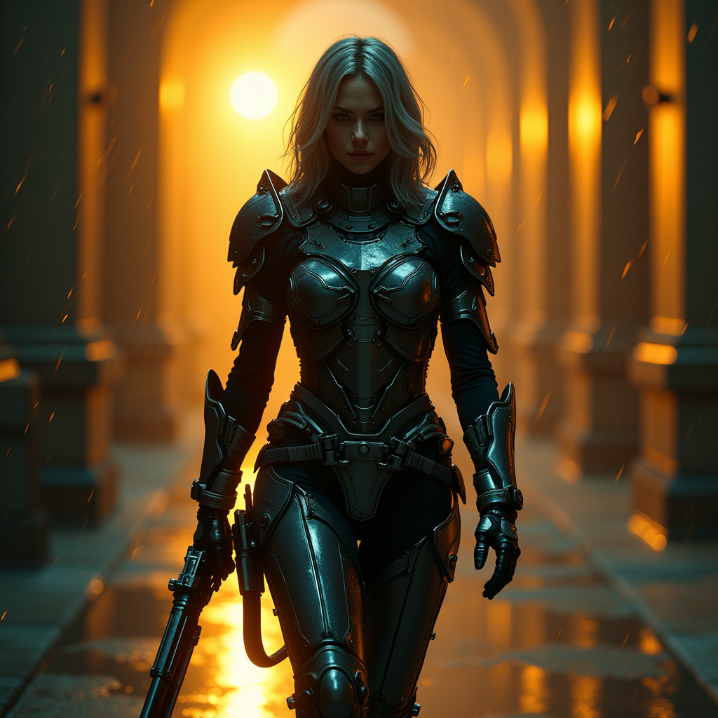 Cyberpunk — Warrior In Intricately Detailed Armor Catching Cinematic #0080 (Ideogram)