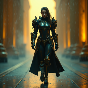 Cyberpunk — Warrior In Intricately Detailed Armor Catching Cinematic #0086 (FLUX)