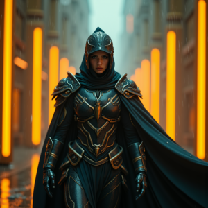 Cyberpunk — Warrior In Intricately Detailed Armor Catching Cinematic #0104 (Ideogram)
