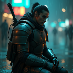 Cyberpunk — Warrior In Intricately Detailed Armor Catching Cinematic #0152 (Ideogram)