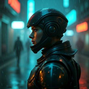 Cyberpunk — Warrior In Intricately Detailed Armor Catching Cinematic #0164 (Ideogram)