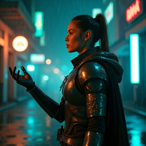 Cyberpunk — Warrior In Intricately Detailed Armor Catching Cinematic #0170 (FLUX)