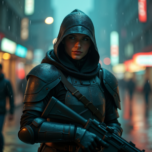 Cyberpunk — Warrior In Intricately Detailed Armor Catching Cinematic #0188 (Ideogram)