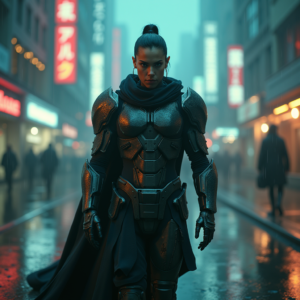 Cyberpunk — Warrior In Intricately Detailed Armor Catching Cinematic #0194 (FLUX)