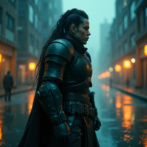 Cyberpunk — Warrior In Intricately Detailed Armor Catching Cinematic #0200 (Ideogram)