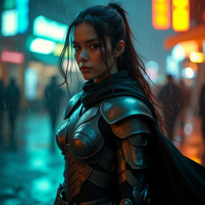 Cyberpunk — Warrior In Intricately Detailed Armor Catching Cinematic #0212 (Ideogram)