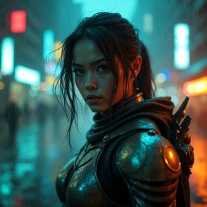 Cyberpunk — Warrior In Intricately Detailed Armor Catching Cinematic #0218 (FLUX)