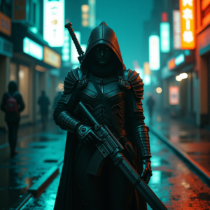 Cyberpunk — Warrior In Intricately Detailed Armor Catching Cinematic #0224 (Ideogram)