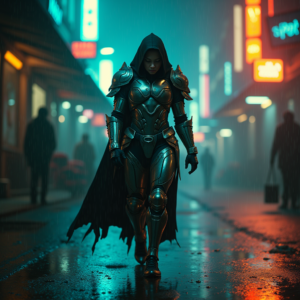 Cyberpunk — Warrior In Intricately Detailed Armor Catching Cinematic #0231 (Krea)