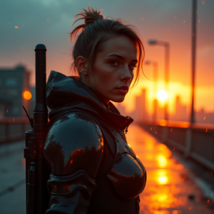 Cyberpunk — Warrior In Intricately Detailed Armor Catching Cinematic #0243 (Krea)