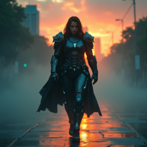 Cyberpunk — Warrior In Intricately Detailed Armor Catching Cinematic #0255 (Krea)