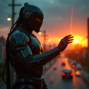 Cyberpunk — Warrior In Intricately Detailed Armor Catching Cinematic #0267 (Krea)