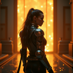 Cyberpunk — Warrior In Intricately Detailed Armor Catching Cinematic #0279 (Krea)