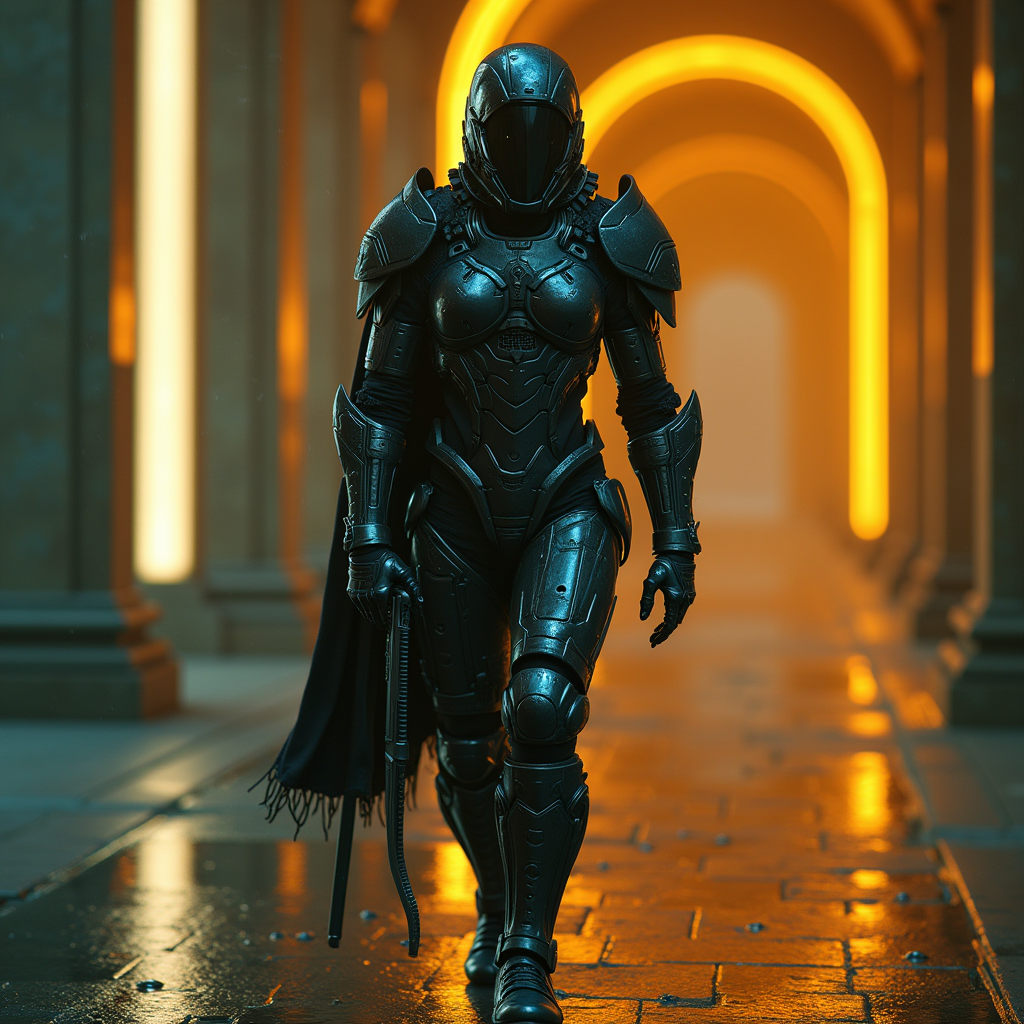 Cyberpunk — Warrior In Intricately Detailed Armor Catching Cinematic #0285 (Leonardo)