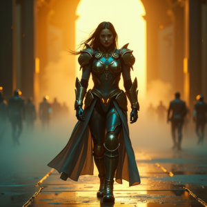 Cyberpunk — Warrior In Intricately Detailed Armor Catching Cinematic #0291 (Krea)