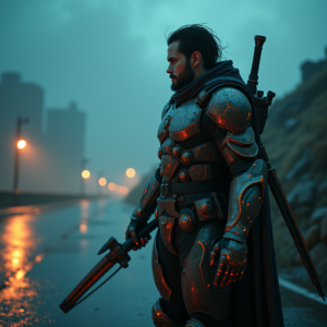 Cyberpunk — Warrior In Intricately Detailed Armor Catching Cinematic #0321 (Leonardo)